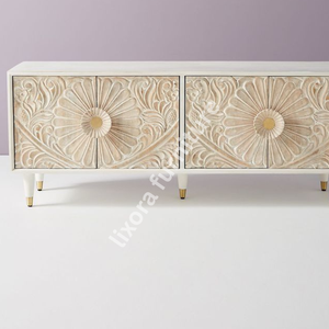 Mueble de TV Moderno de Madera con Tallado de Girasol, Acabado Blanqueado, Gabinete de Almacenamiento para Sala de Estar - Product Image 3