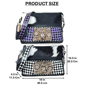Sac fourre-tout pour femme en cuir de vachette à carreaux violet et noir, avec motif floral en cuir travaillé, grande capacité, sac de voyage - Product Image 2