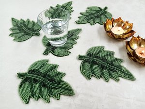 Green Leaf Embroidered Fabric Coasters Set of 6 Reusable <b>Bar</b> <b>Mats</b> Classic Style - Product Image 3