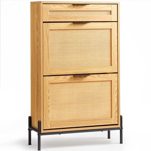 Mobile scarpiera moderno in rattan con 2 ante a ribalta e 1 cassetto estraibile, organizer stretto per ingresso, contenitore per scarpe con gambe in metallo - Product Image 1