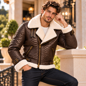 Mens Brown Snake Embossed Genuine <b>Leather</b> Breathable Silk Lining Biker Jacket Sherpa <b>Fur</b> Collar Winter Motorcycle Bomber <b>Coat</b> - Product Image 1