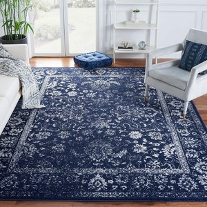 Tapis rectangulaire bleu marine à motifs floraux, style transitionnel, à poils ras, fabriqué à la machine en polyester, pour salon, résistant aux taches, avec base en caoutchouc. - Product Image 2