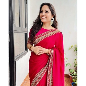 ผ้าส่าหรีงานปักลายผ้าจอร์เจียแบบมีหลายชิ้นสีชมพูแฟชั่น - Product Image 2