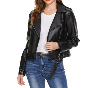Blouson moto en similicuir noir pour femme, coupe courte, fermeture éclair, col cranté, manches longues, vêtement d'extérieur décontracté - Product Image 2