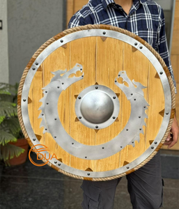 Armadura Redonda de Madera de Guerrero Vikingo Medieval Hecha a Mano y Pulida, con Cara de Dragón y Metal Plateado, 24 Pulgadas, para Navidad y Halloween - Product Image 3