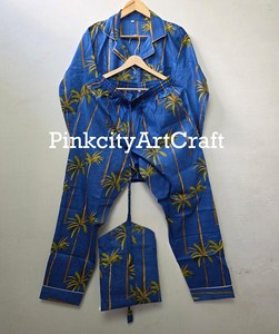 Women Premium Blue Cotton Palm Tree Print Night Suit Set Flock Print Long Sleeve Shirt Pajama Loungewear Spring Summer Autumn - Product Image 5