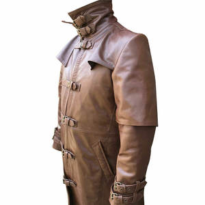 Men's Brown Genuine Faux Leather Dual Collar Steampunk Trench Coat <b>Gothic</b> Anti-Rust Hardware <b>Jacket</b> Wholesale - Product Image 4