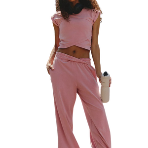 Stretch Knitted Activewear Women's 2-Piece Pink Sporty <b>Set</b> Short Sleeve Crop Top Full Length Pants Breathable Summer Workout <b>Set</b> - Product Image 1