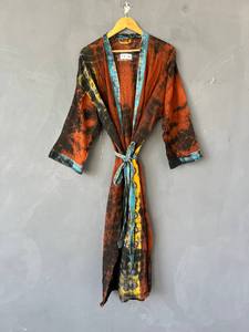 Bata tipo kimono de algodón con cuello en V y efecto tie-dye para mujer, bata larga de algodón estilo bohemio, kimono tie-dye hecho a mano, pareo ligero para la playa - Product Image 2