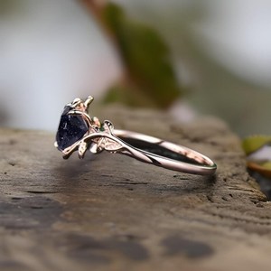 Bague de fiançailles en pierre de sable bleue en forme de cœur, feuille de fleur, plaqué or rose 925, bague de mariage solitaire vintage - Product Image 3