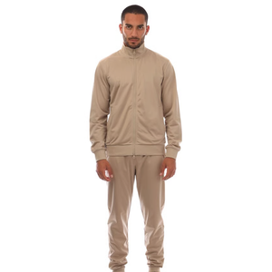 Men's Beige Stand Collar Tracksuit <b>Set</b> <b>Knitted</b> Fabric 100% Polyester Breathable Casual Wear Autumn Solid Color - Product Image 3