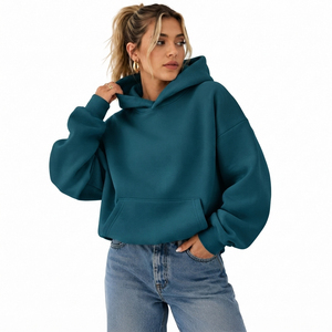 Sweat à capuche surdimensionné pour femme, couleur turquoise, 100% coton molletonné, avec poches, longueur normale, vêtement d'automne - Product Image 5