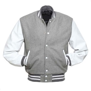 High Quality Men's Winter Varsity <b>Jacket</b> Wool <b>Grey</b> Leather Sleeve with Stand Collar Casual Style OEM Custom Button Design - Product Image 4