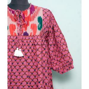 เดรสผ้าฝ้ายน้ำหนักเบาสำหรับผู้หญิง สไตล์ลำลอง พิมพ์ลายบล็อก แต่งพู่ห้อย  ชุดเดรสยาวปานกลางสำหรับฤดูร้อน  ชุดทูนิคนุ่มสบายสำหรับใส่ไปงานปาร์ตี้ - Product Image 3