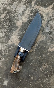 Couteau de chasse artisanal, lame en acier carbone, pointe tombante, manche en bois de cerf, étui en cuir, outil EDC pour l'extérieur - Product Image 6