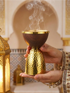 Best selling Luxury Wooden & Hammered Gold Metal <b>Bakhoor</b> Incense Burner Arabic <b>Oud</b> Burner Resin Incense Holder Home Decor Gift - Product Image 5
