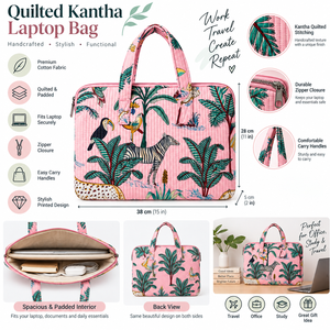 Sac fourre-tout matelassé Kantha fait main pour ordinateur portable, en tissu de coton imprimé, avec pochette rembourrée pour ordinateur portable et fermeture éclair, idéal pour le bureau et les voyages - Product Image 6