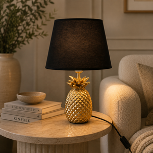 Tropical <b>Pineapple</b> Metal Table Lamp with Black Fabric Shade Gold Finish Textured Base Decorative Accent <b>Lighting</b> - Product Image 1