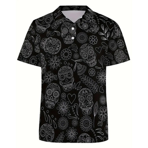 Camisa de golf con estampado gráfico de calaveras para hombre, camisa polo estampada de manga corta informal de la más alta calidad para uso al aire libre. - Product Image 1