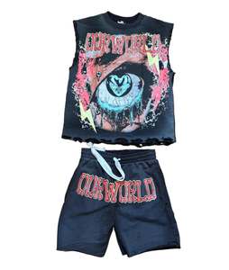 2026 TAHAD Custom Two Piece Set Sportswear <b>T</b>-shirt Tank Top Shorts and Shirts Acid Wash Distressed Raw Hem Men 2 Piece Short Set - Product Image 1