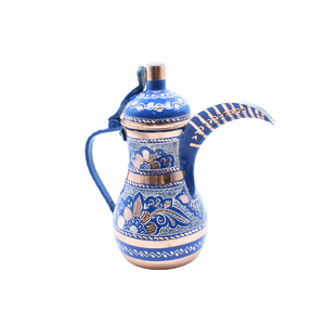 A hand-painted blue and copper dallah decorated with intricate floral patterns and horizontal bands, at wholesale prices. - Product Image 1