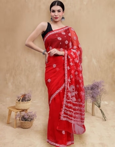 KV Hand Embroidered Lucknowi Chikankari <b>Red</b> Georgette Saree With Unstitched <b>Blouse</b> - Product Image 5