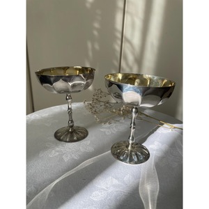 Vintage Stainless Steel Champagne Coupes Gold Rimmed Round <b>Goblets</b> Handmade Party Set of 2 - Product Image 2