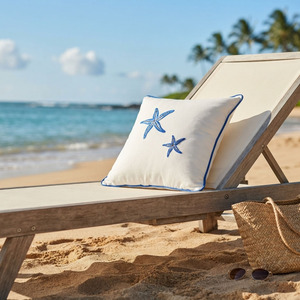 Wholesale Embroidery Blue Starfish Square <b>Seat</b> Cushion <b>Cover</b> White Linen Blue Pipping Border Throw Pillowcase <b>Sofa</b> <b>Covers</b> - Product Image 5