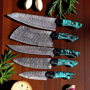Ensemble de couteaux de cuisine en acier Damas tendance, 5 pièces, lame martelée multi-usages, ambidextre, durable, tranchant, manche en résine - Product Image 1