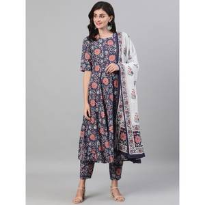 ROPA FORMAL ALGODÓN IMPRESIÓN DIGITAL TRABAJO KURTI BOTOM CON DUPATTA AZUL - Product Image 1