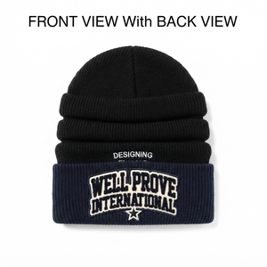 Premium Quality 260 GSM Cotton Yarn Knit Breathable & <b>Waterproof</b> Stacked <b>Beanie</b> Black Slouchy Cap Custom Logo Streetwear Unisex - Product Image 3
