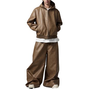 Men's Brown Leather Hooded Tracksuit Set Full Length Loose Fit Streetwear Solid Color Zipper Closure Side Pockets - Product Image 6