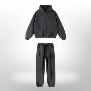 Clothing Manufacturer Winter Streetwear Retro Sunfaded Distressed Zip Hoodie Sweatsuit STG Print <b>Applique</b> Embroidery Tracksuits - Product Image 3