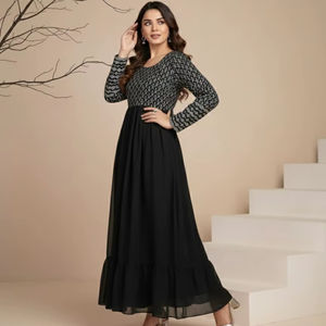 Robe Anarkali en soie de diamant de qualité supérieure, broderie et sequins, longueur au sol 56 pouces, entièrement cousue, tenue de soirée, vente en gros - Product Image 1