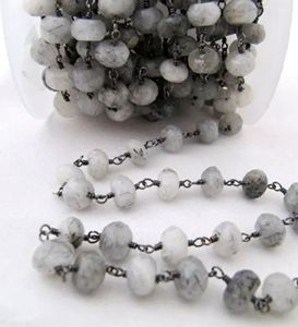 Black Rutilated Quartz Rondelle 6-8mm Briolette Faceted Beaded <b>Rosary</b> Chain Brass Charm for Jewelry Making Sold Per Foot - Product Image 4