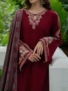 Ensemble indien pakistanais en coton brodé bleu, kurta longue, palazzo, châle, robe traditionnelle pour fête, mariage - Product Image 6