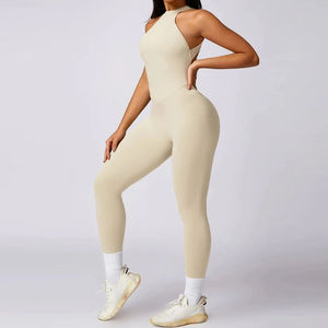 Body elástico sin espalda y sin mangas para mujer, mono de fitness, yoga, transpirable, ropa de gimnasio, cintura alta, elástico, de secado rápido, personalizado, color liso. - Product Image 6