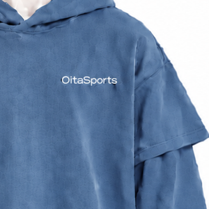 Sudadera con capucha de mezclilla azul de doble capa, oversize, de manga corta con capa superpuesta de manga larga, estilo relajado, streetwear - Product Image 5