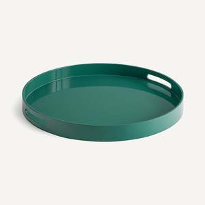 Plateau rond laqué écologique brillant avec poignées vert foncé, idéal pour la décoration intérieure, organisateur de table, vente en gros, plateaux cadeaux en vrac - Product Image 1