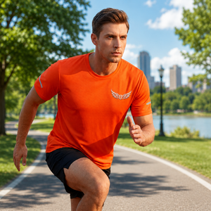 T-shirt à manches courtes pour homme, couleur unie, 100% polyester, évacuation de l'humidité, col rond, haut d'entraînement d'été, orange, vert lime - Product Image 4