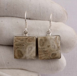 925 <b>Sterling</b> <b>Silver</b> Fosil Coral <b>Earrings</b> Natural Composite Gemstone Marquise <b>Dangle</b> <b>Earrings</b> Handmade Jewelry - Product Image 2