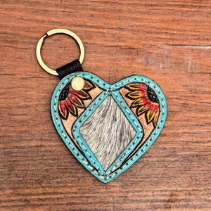 New Western Hair On Hand-tooled Cuero en forma de corazón Llavero Fob Tallado Llavero de cuero genuino Turquesa Girasol Llaveros de lujo - Product Image 2