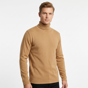 Suéter de Cuello Alto para Hombre, Color Mostaza, Tejido de Punto, Manga Larga, Estilo Casual, Cuello Alto, Tejido Elástico 1/1, 220g, Invierno - Product Image 3