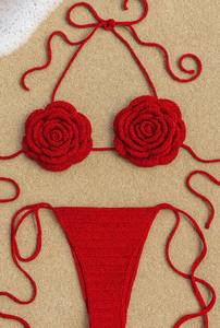 Haut de bikini rouge en crochet – Maillot de bain floral rose fait main - Product Image 3