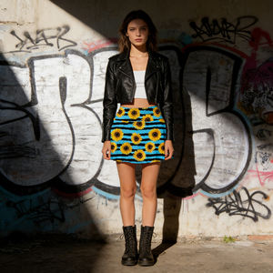 Hot sale on Temu | Ladies Sunflower Pattern <b>Mini</b> <b>Skirt</b> Blue <b>Black</b> Striped Flared Skater <b>Skirt</b> Streetwear Party Wear - Product Image 6