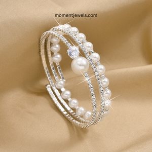 Luxury Freshwater Pearl <b>Bangle</b> <b>Bracelet</b> for Women Gold Silver Plated Round Pearl Rhinestone Charm <b>Bracelet</b> - Product Image 4