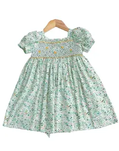 Little girls' blue floral square neck Smock dress, cheap and luxurious children's princess party dress for girls, kids dress