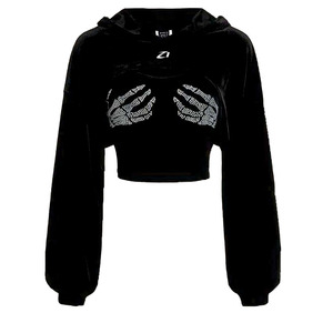 Oferta Especial: Sudaderas Cortas Negras Personalizadas para Mujer con Gráfico de Mano de Esqueleto y Pedrería, Estilo Urbano, Tejido Suave, OEM ODM - Product Image 1