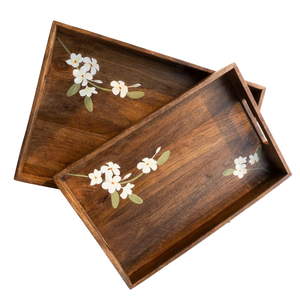 Plateau décoratif peint avec poignées Lot de 2 plateaux de service en bois pour café hôtel maison restaurant utilisation idéale plateau de serveur de cuisine - Product Image 1