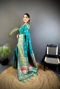 Turquoise Silk Blend Saree Zari Jacquard Banarasi Style <b>Sari</b> with Matching <b>Blouse</b> for Wedding Party Diwali - Product Image 3